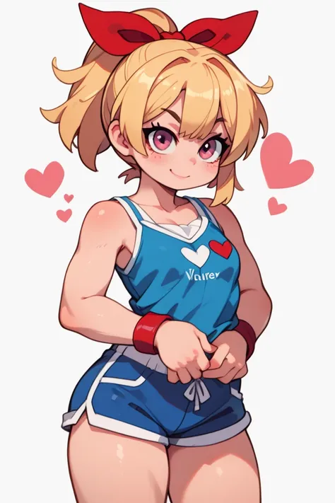  1 girl in the best(masterpiece、 Super high quality)、 elementary school students( very young)、 blonde hair( short ponytail(Red ribbon barrette ))、 bright expression ( pink eyes)、Beautiful clothes( White Tank Top (Heart pattern(red))、 shorts(dark blue jerse...