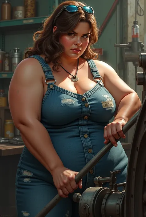 Female mechanic, giant tits, dirty jean overalls, sweat, with a wrench in her hand
