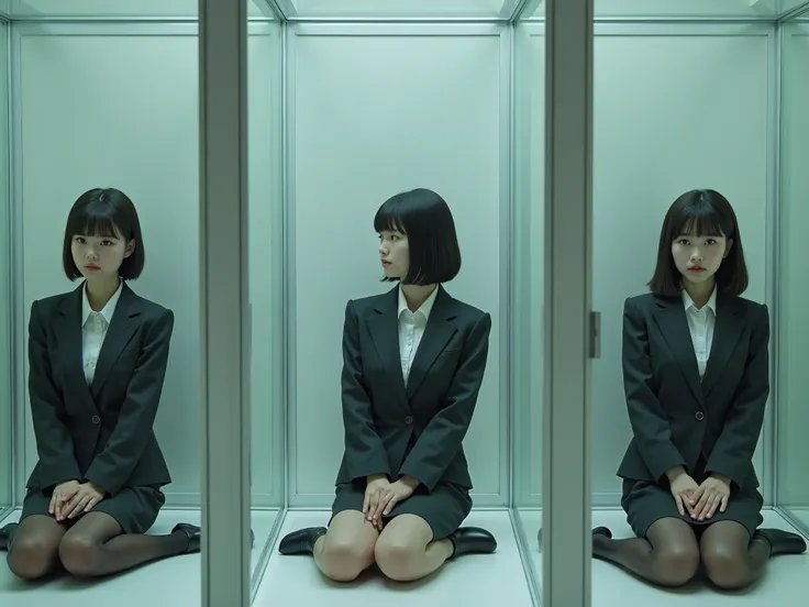 masterpiece, 8k, Photorealistic, beautiful Japanese women, business suits, pencil skirt, pantyhose, their hands tied back, detailed face, medium hair, light makeup, (they are trapped in airtight glass cubes), they are sitting on the floor of the cubes, the...