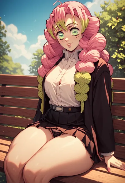 Mitsuri Kanroji big curly pink hair green eyes big boobs abdomen healed thick thighs big black blouse black skirt sitting on the bench black floss panties thick thighs big sexy