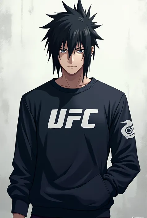 Make an image of Sasuke Uchiha wearing a UFC sweatshirt 