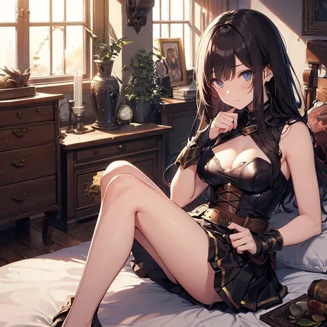 A group of  female medieval fantasy adventurers, (in bedroom), various hair styles, harem, night, details face, short skirt, seducing, sleeveless, armor, on bed