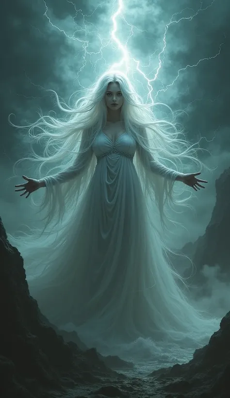 Goddess of chaos and death with white hair 