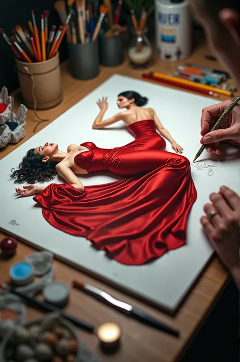 A realistic artistic relief painting of a master artist creating a lifelike bioluminescent depiction of a beautiful woman in front view. The woman is wearing a tight-fitting red evening dress and is lying on a large white sheet of paper. The artist's hand ...