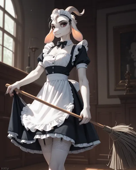 spooky furry female goat , maid clothes , glamorous , garter , Dimly lit room ,mop