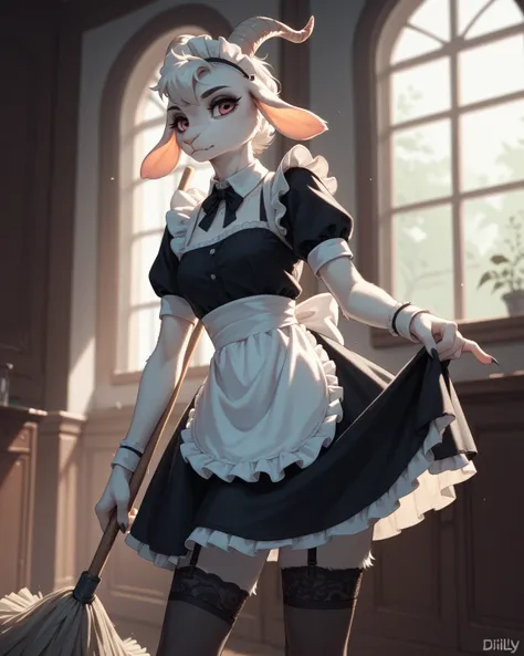 spooky furry female goat , maid clothes , glamorous , garter , Dimly lit room ,mop