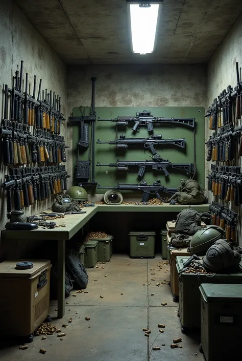 Une armurerie dans un bunker, avec dérangement pour les fusils, des caisses de munitions, un stand de tir, et dérangement de bouclier par balle et de masque à gaz avec personne sur l'image