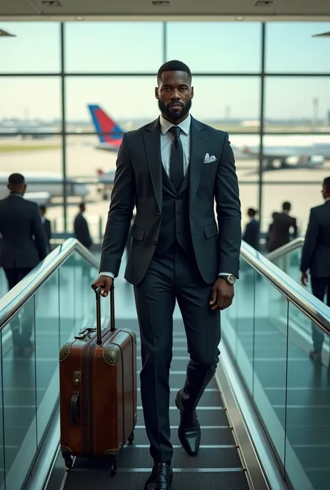 A black man with a suitcase getting ready to take a flight, he has already gone up to the stairs, hyper realistic image.