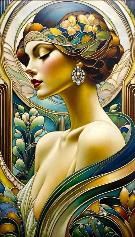 captivating oil painting focusing on the theme of a sensual woman, deeply influenced by the elegance of Art Deco, the organic forms of Art Nouveau, 1920s