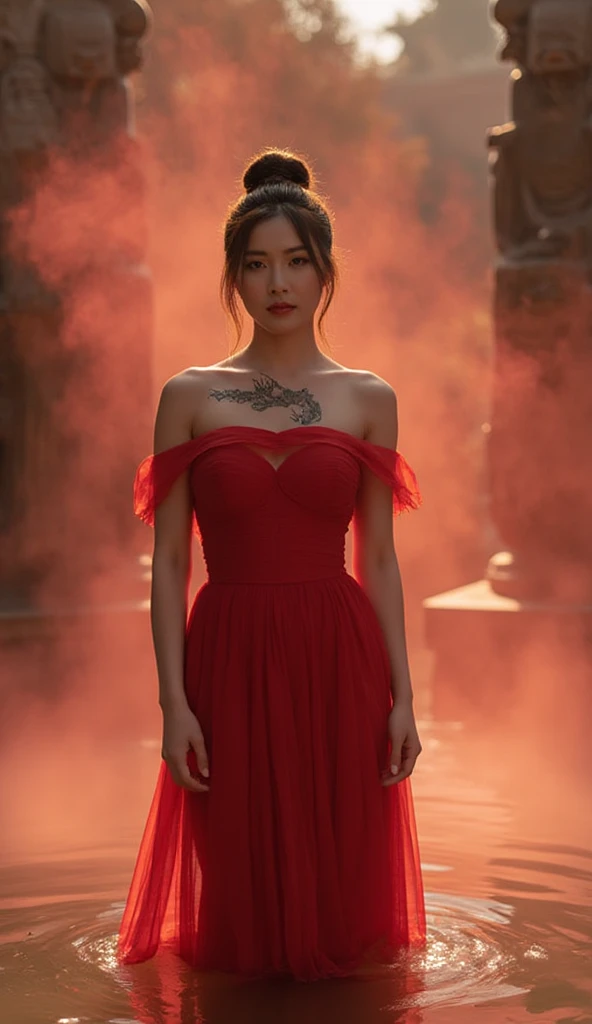 Amid the serene backdrop of Tao Temple, an elegant Chinese woman stands spectacularly in the water, wearing an off-the-shoulder red gown with a lightly fluttering dragon tattoo. A single-breasted bun adorned her head as she stood directly facing us. Her be...