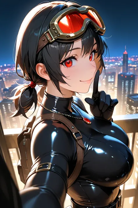 1girl, pov, face Close-up, thief, black belt with bags, solo, shushing, from side, skyscraper, night sky, city lights, black hair, red eyes, short hair, short twintails, high twintails, goggles on head, sexy, smile, large breasts, necklace, gloves, bodysui...