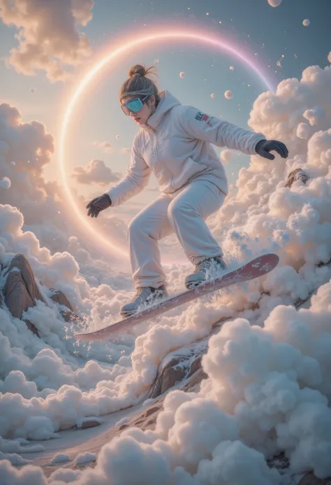 wonderland，cloud，(masterpiece:1.2,Excellent quality , mirror-like , cinematic experience ),8K,wallpaper,Snowboarder ,(Jump:2.0),(Dynamic:2.0),( HD aerial footage :2.0),Asahi,( The background is a beautiful rainbow:2.0)