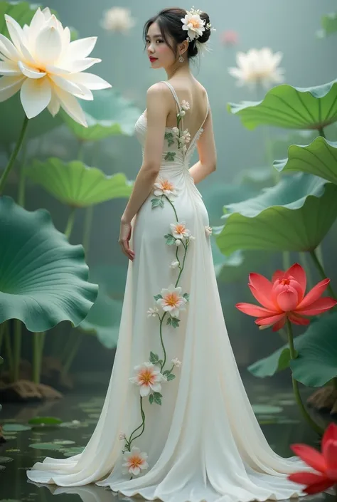 a woman in an elegant, flowing white gown adorned with floral designs. She is standing in a serene environment surrounded by large lotus flowers in various colors, including white and red, along with broad green leaves. The setting resembles a tranquil gar...