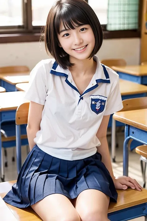 A Japanese high school student with small breasts and short black hair、Make small cleavages with your arms、Put on your shirt and stay in the classroom、Sit with your legs apart、 smiles shyly