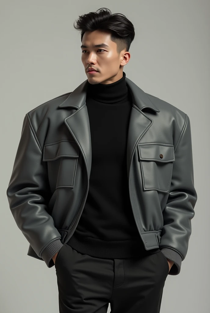 A men wearing black turtle neck with grey sleeveless puffed jacket 