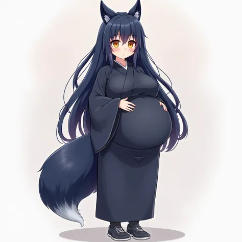 anime girl, long hair, big pregnant, orange eyes , very big breasts, very big belly , pregnant girl, biggest belly , anime style, dark blue hair, big breasts, pregnant girl with big belly, smile, dark blue thin tights, dark blue long kimono dress, big preg...