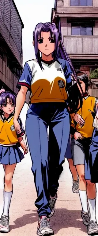  Momoko Koigakubo, who is tall and has beautiful legs, is walking down the schoolyard path with a smile in her jersey jacket and long pants。Female students looking the same are walking around 。