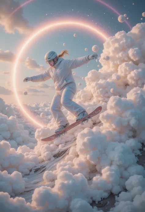 wonderland，cloud，(masterpiece:1.2,Excellent quality , mirror-like , cinematic experience ),8K,wallpaper,Snowboarder ,(Jump:2.0),(Dynamic:2.0),( HD aerial footage :2.0),Asahi,( The background is a beautiful rainbow:2.0)