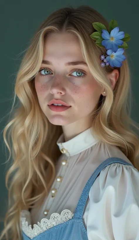 A blonde hair woman (22yo) with long soft waves hair and light blue deer sweet eyes and freckles on the nose and on the cheeks, she has a sweet expression while she's looking at the viewer and a perfect ovale face with a fairly little nose and full lips, w...