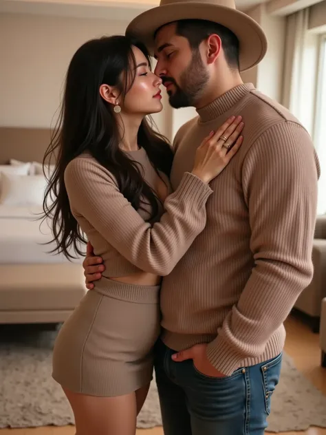 A beautiful hipster Japanese girl and a middle-aged fat man are on a date、Girls have elegant hairstyles、 sensual look、Stylish sweaters、 stylish miniskirt 、 stylish boots、 necklace、 bracelet、ring、 men are wearing sweaters, jeans, and hats、They are hugging a...