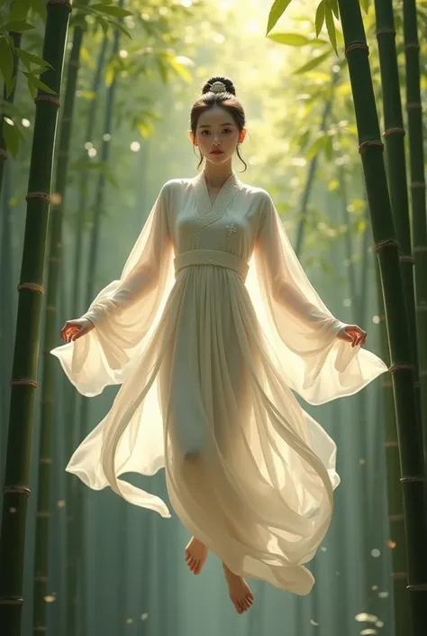 Beautiful Chinese girl uses white hanfu and flies among beautiful bamboo forest