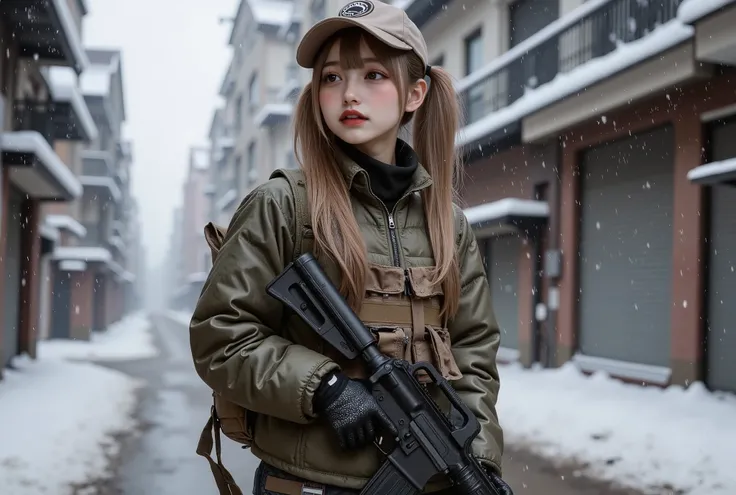  Cyberpunk World War 3, (((Cyberpunk city:1.5))), photorealistic,  realistic skin texture , A cute Japanese girl belonging to the American military, I'm in cyberpunk town, alley, (((night:1.5))),  backpack,  tactical puffer jacket,  baseball cap, Automatic...