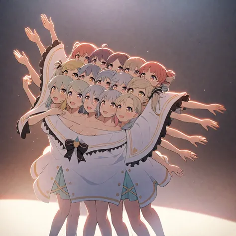 (masterpiece, best quality), best resolution, 16k, medium full shot, perspective view, (idol, idol dress, cloak, bow, collarbone exposed), 1girl, solo, (two heads, three heads: 1.5), (12 legs, 10 arms, 15heads), clean thin lines, different hair colors, (op...