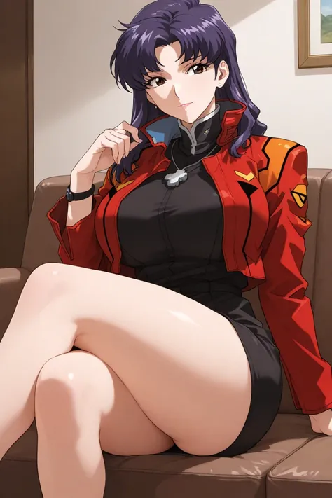  1girl ,mature female,milf,huge breasts, staring at the viewer,Katsuragi Misato , purple hair, long hair,Earrings, brown eyes, with estrus, seductive gaze , big breasted, huge breasts , thighs,  necklace,cross, cross   necklace,赤い jacket , jacket , living ...