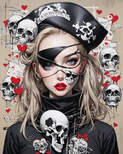 Hyperrealistic Banksy-esque,  Simple Line Acronym Abstract Painting ,  stylish design,  The Most Beautiful Girl Ever ,Pirate Girl ,  skull fashion, Lips in Love