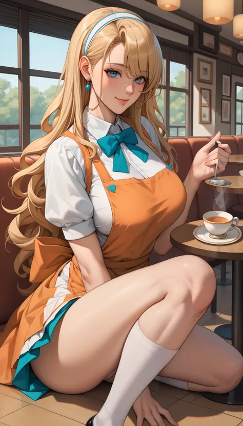   general  ,  high resolution,   ultra detail,  very aesthetic ,  top quality ,  Best Hand  ,  break Kokubo_Reika  _,   tea hair,   long hair,  blue eyes, Big Breasts,   one girl ,  alone,   Hair Band  ,   waitress , bow, smile,     orange apron, break,
  ...