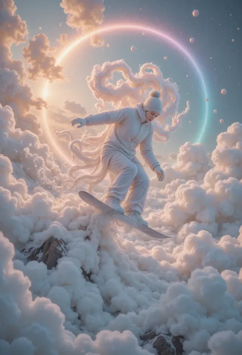 wonderland，cloud，(masterpiece:1.2,Excellent quality , mirror-like , cinematic experience ),8K,wallpaper,Snowboarder ,(Jump:2.0),(Dynamic:2.0),( HD aerial footage :2.0),Asahi,( The background is a beautiful rainbow:2.0)