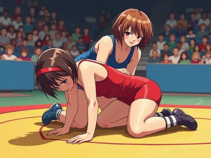 ultra detail, anime style. Match from the nineties . a female in a red freestyle wrestling singlet is on all fours in the center of the mat, and a female in a blue freestyle wrestling singlet is holding it from behind