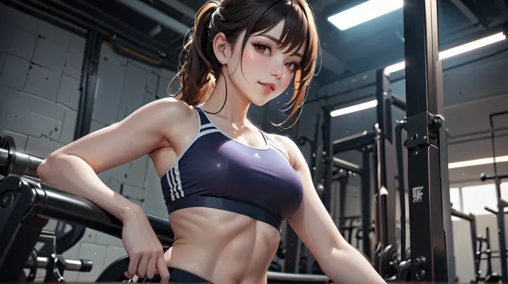 (( best quality)),( super high resolution),( very detailed),(  Detailed Help ),(( best CG )),(Masterpiece),High Definition Art,( fine detail art:1.5), woman,crop top workout wear, shortcuts, Well-balanced Body,Beautiful and neat face ,Shining Sweat, clean ...