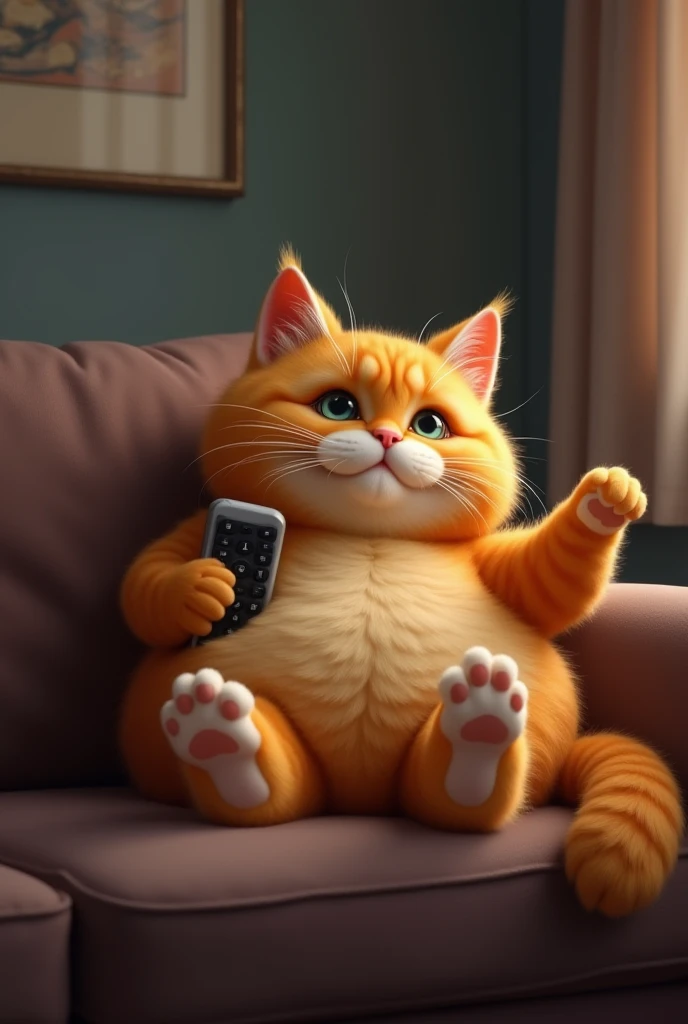 A fat orange cat with white paws lying on a couch, holding a remote control and watching TV like a human. The digital painting captures the chonky, Garfield-like charm in a masterpiece of realistic art, emphasizing the detailed fur and serene expression, c...