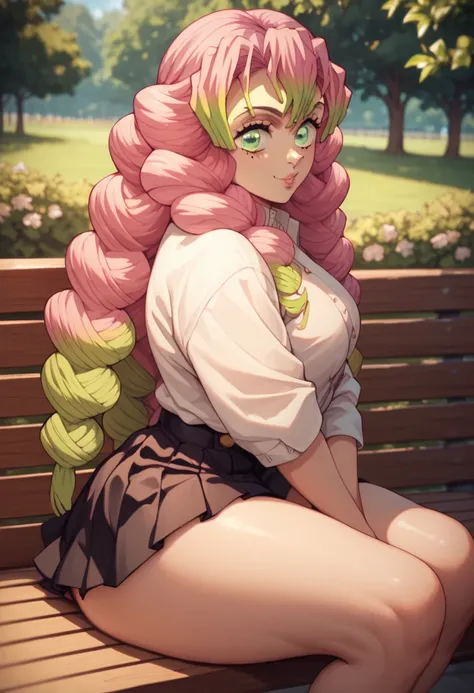 Mitsuri Kanroji big curly pink hair green eyes big boobs healed abdomen thick thighs big black blouse black skirt sitting on the bench black floss panties thick thighs big sexy big boobs big ass thick thighs posing sexy