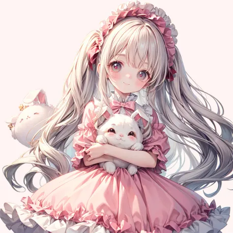 masterpiece, 最 high quality,  high quality,  more details,  close,  white long wavy hair ,  pale pink striped hair , holding a stuffed  nice rabbit,  smiles,  cute,  pink theme,  nice,  Lolita Fashion, (((  white background))), ((( no background)))