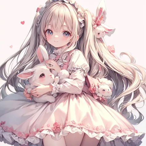 masterpiece, 最 high quality,  high quality,  more details,  close,  white long wavy hair ,  pale pink striped hair , holding a stuffed  nice rabbit,  smiles,  cute,  pink theme,  nice,  Lolita Fashion, (((  white background))), ((( no background)))