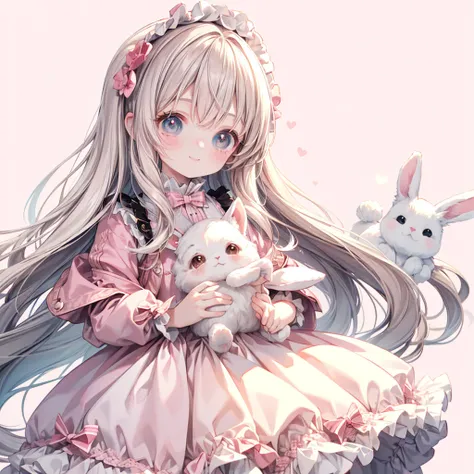 masterpiece, 最 high quality,  high quality,  more details,  close,  white long wavy hair ,  pale pink striped hair , holding a stuffed  nice rabbit,  smiles,  cute,  pink theme,  nice,  Lolita Fashion, (((  white background))), ((( no background)))