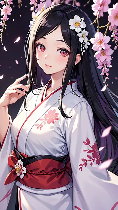 masterpiece, ( White Floral Kimono  ),   enchanting face  , More about Goodface ,  Valley, Fine details, masterpiece,  Eyeliner,   1 girl is the best ,    black hair, bamboo, Nezuko　Wisteria Background, masterpiece,   best quality, throw, whole body, Beaut...