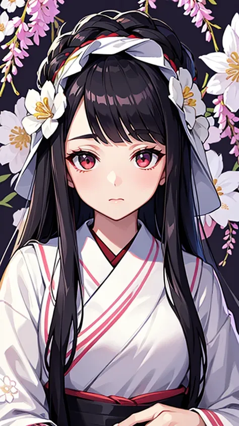 masterpiece, ( White Floral Kimono  ),   enchanting face  , More about Goodface ,  Valley, Fine details, masterpiece,  Eyeliner,   1 girl is the best ,    black hair, bamboo, Nezuko　Wisteria Background, masterpiece,   best quality, throw, whole body, Beaut...