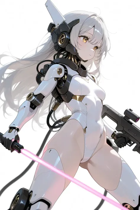 (best quality, background detail), best quality, original detail dynamic art, (golden eyes), image from waist down, inorganic gaze, detailed mechanical joints, reinforced exoskeleton, white leotard, white skin, gray hair, long hair, (one cyborg girl), (hol...