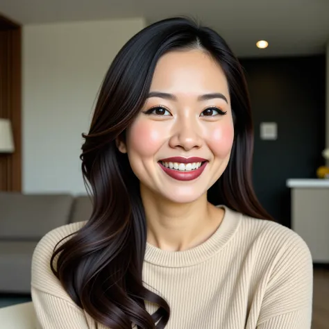 realistic photograph,face closeup shot of japanese mature woman in living room,long hair,eyeliner,eyeshadows,blush,dark plum lips,beige sweater,stylish portrait pose,laughing