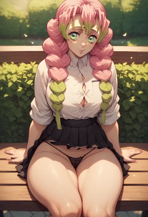 Mitsuri Kanroji big curly pink hair green eyes big boobs abdomen healed thick thighs big black blouse black skirt sitting on the bench black floss panties thick thighs big sexy