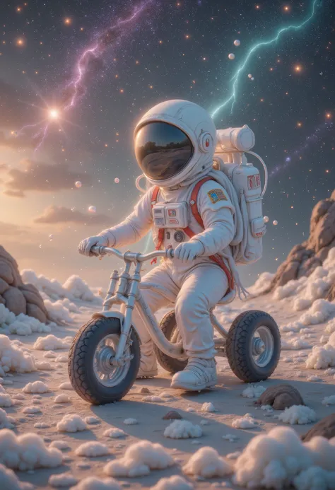 wonderland，cloud， The visually appealing Q version of the astronaut in the movie stills is depicted in great detail, Wearing a black visor， in a fresh white suit with red straps .  The adorable hero rides a tricycle with high-grip tires , Exploring the sur...