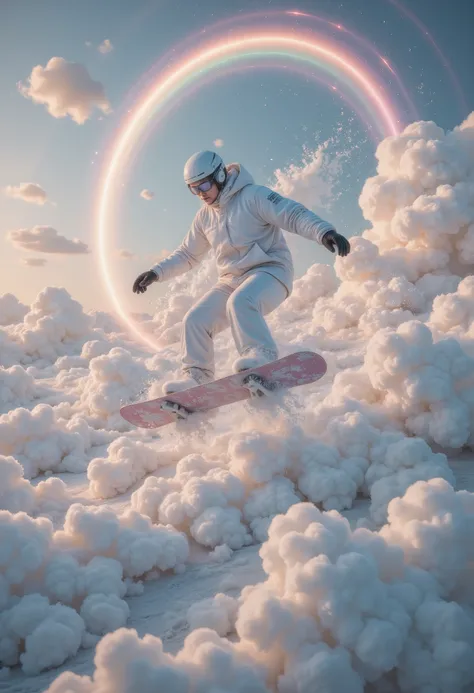 wonderland,cloud,(masterpiece:1.2,Excellent quality , mirror-like , cinematic experience ),8K,wallpaper,Snowboarder ,(Jump:2.0),(Dynamic:2.0),( HD aerial footage :2.0),Asahi,( The background is a beautiful rainbow:2.0)