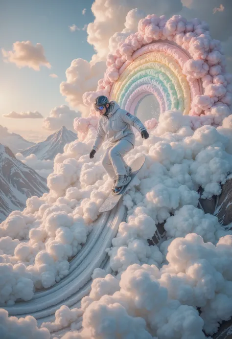 wonderland，cloud，(masterpiece:1.2,Excellent quality , mirror-like , cinematic experience ),8K,wallpaper,Snowboarder ,(Jump:2.0),(Dynamic:2.0),( HD aerial footage :2.0),Asahi,( The background is a beautiful rainbow:2.0)
