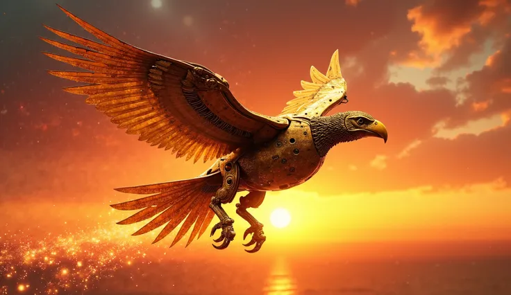 A magnificent mechanical bird, its body glowing in golden hues, soars across a sky painted in the fiery reds and oranges of a setting sun. The bird’s wings are made of intricate metal plates, and its body is adorned with rapidly spinning gears and pistons,...