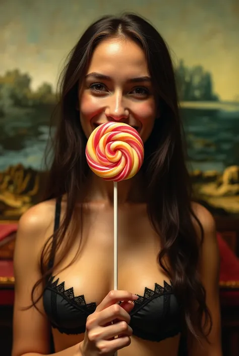  hyperrealistic photograph , Raw Effects style by the very sensual Mona Lisa in bra and thong that comes out of the picture licking a big and round lollipop all colored with a mischievous smile. The background is a light wall of the Louvre 