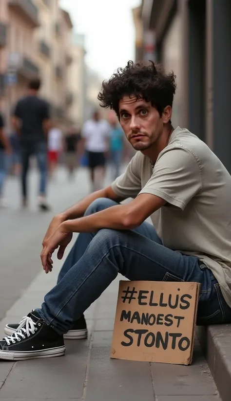 Prompt: A young man with modern facial features, matching the reference images provided, sitting on the street with his legs crossed on the ground. He holds his hand out in a gesture of asking for money. He is wearing casual clothes with a slightly worn lo...