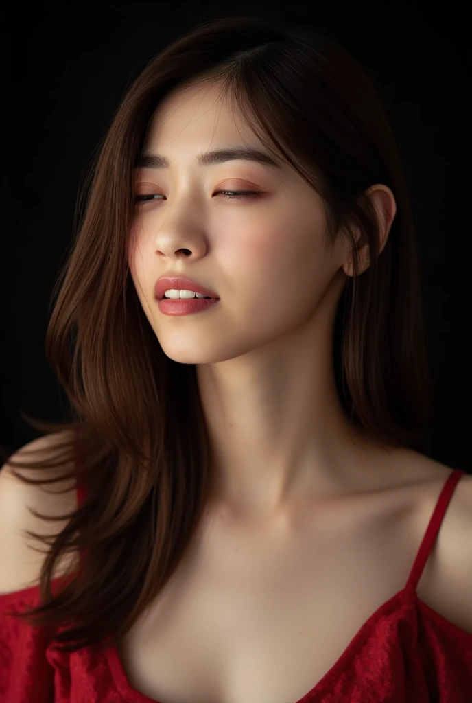 She wants to kiss, masterpiece, accurate, super detail, high details, high quality, award winning, best quality, 16k, perfect anatomy, (Front view, upper body), ultra high-resolution hair, brown hair, long hair, detailed face, realistic textured skin, face...